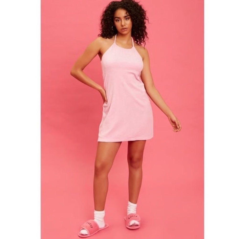 Juicy Couture X Forever 21 Pink Rhinestone Terry Halter Y2K Mini Dress